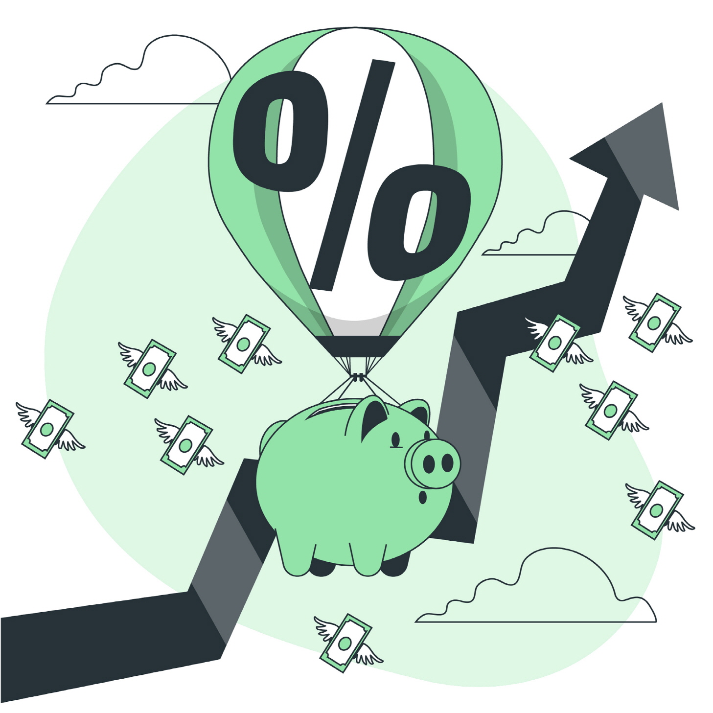 우상향하는 화살 그래프와 돼지저금통 이미지