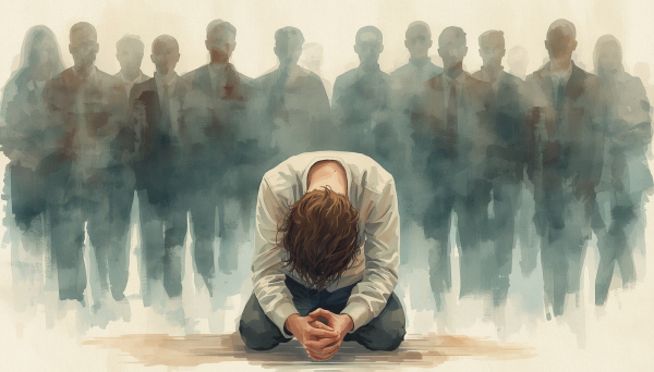 헌신이 무시되거나 당연하게 여겨질 때, 깊은 수치심을 경험합니다. “내가 충분하지 않은 사람인가?”라는 생각이 마음속에 자리 잡습니다에 관한 그림입니다.