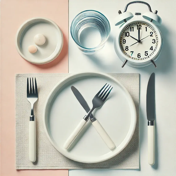 간헐적 단식을 상징하는 빈 접시, 포크와 나이프, 시계가 세팅된 스튜디오 컷
