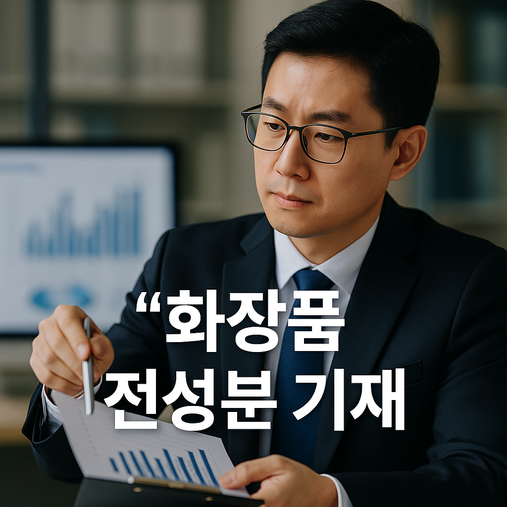 수출용 화장품 전성분 표기에서 국문과 영문 성분 순서의 차이를 검토하는 한국인 컨설턴트가 성분 표기 전략을 분석하는 모습. 전성분 표시 기준, 1% 이하 성분의 자율적 배열, 수출 전용 제품 특례 규정 등 화장품 라벨링 규정의 핵심 내용을 시각적으로 표현한 이미지.