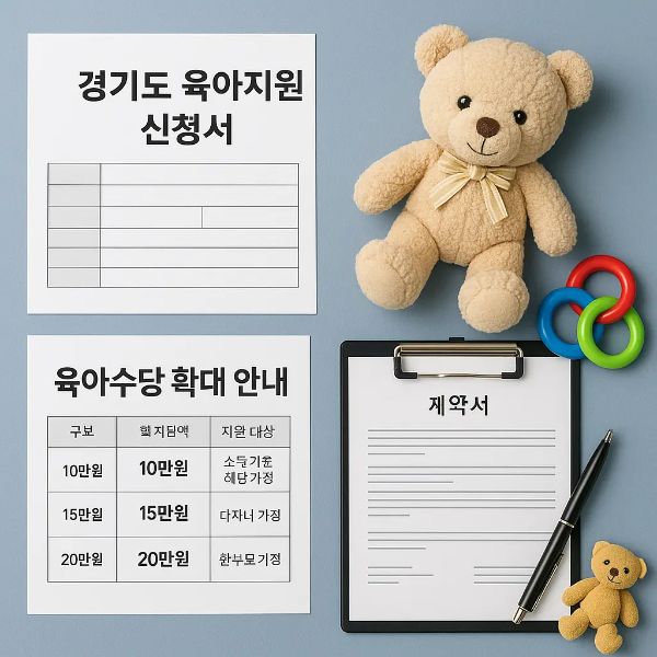 경기도 육아지원 신청서, 수당 확대 안내서, 테디베어 인형, 장난감 고리, 계약서 등이 정돈된 스튜디오컷 이미지