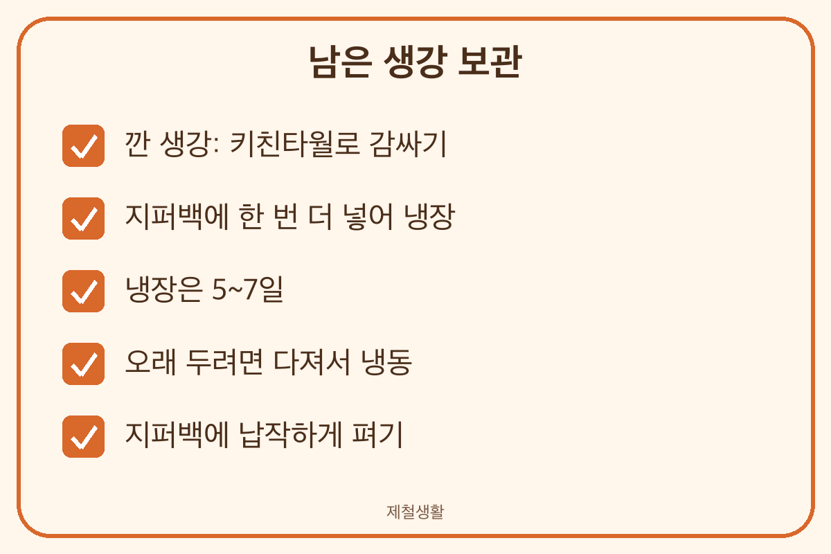 생강 보관법 냉장 5~7일 다진 생강 납작하게 냉동