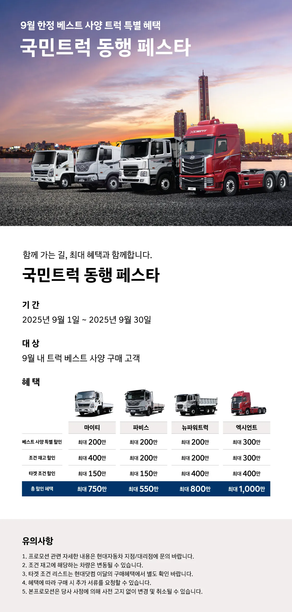 9월 국민트럭 동행 페스타	+ 현대트럭 9월 한정, 최대 1,000만 원 할인! 엑시언트, 파비스 구매 최적기