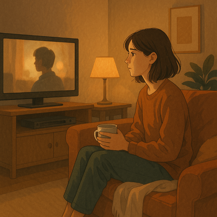 감정 기복이 심한 여성이 따뜻한 조명 아래 혼자 영화를 보며 마음을 가라앉히는 모습