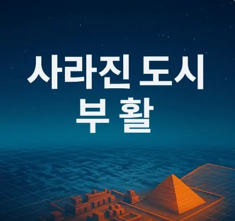 별이 빛나는 밤하늘과 고대 도시의 와이어프레임 위에 ‘사라진 도시의 부활’ 문구가 삽입된 디지털 썸네일.
