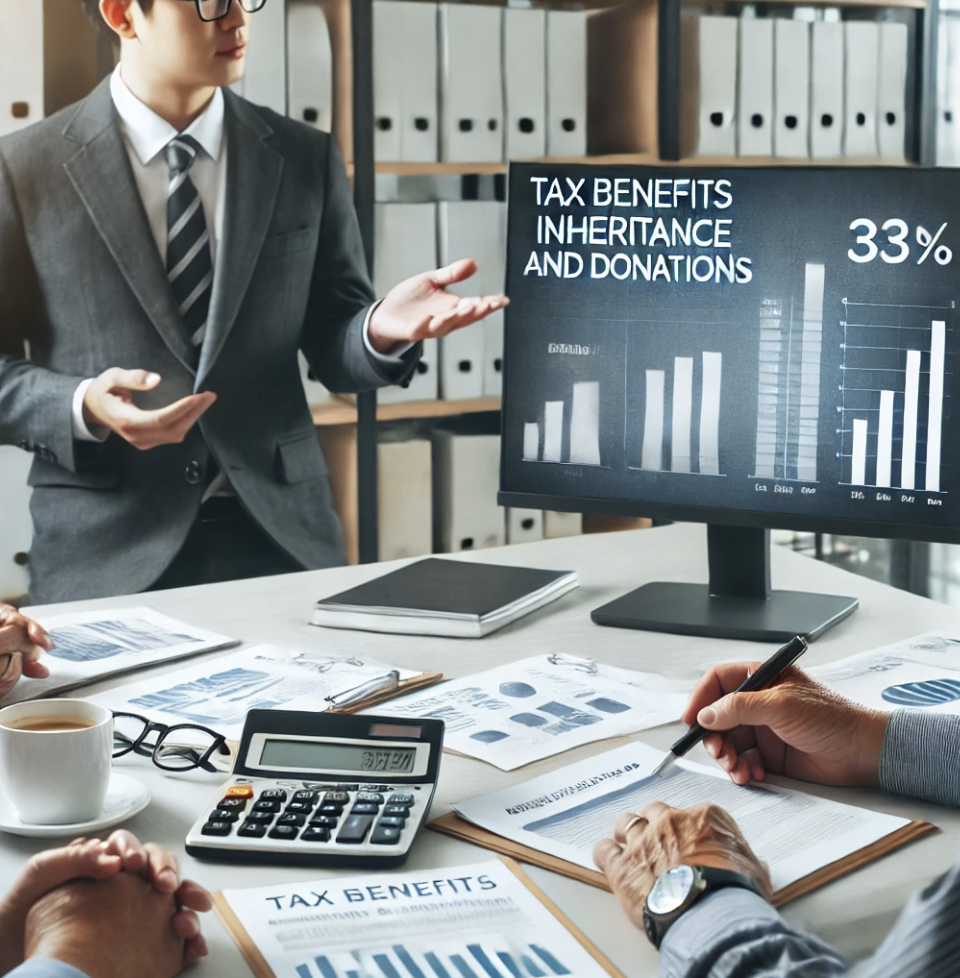 재정 상담사가 사무실에서 고객에게 상속 및 증여 관련 세금 혜택을 설명하는 모습