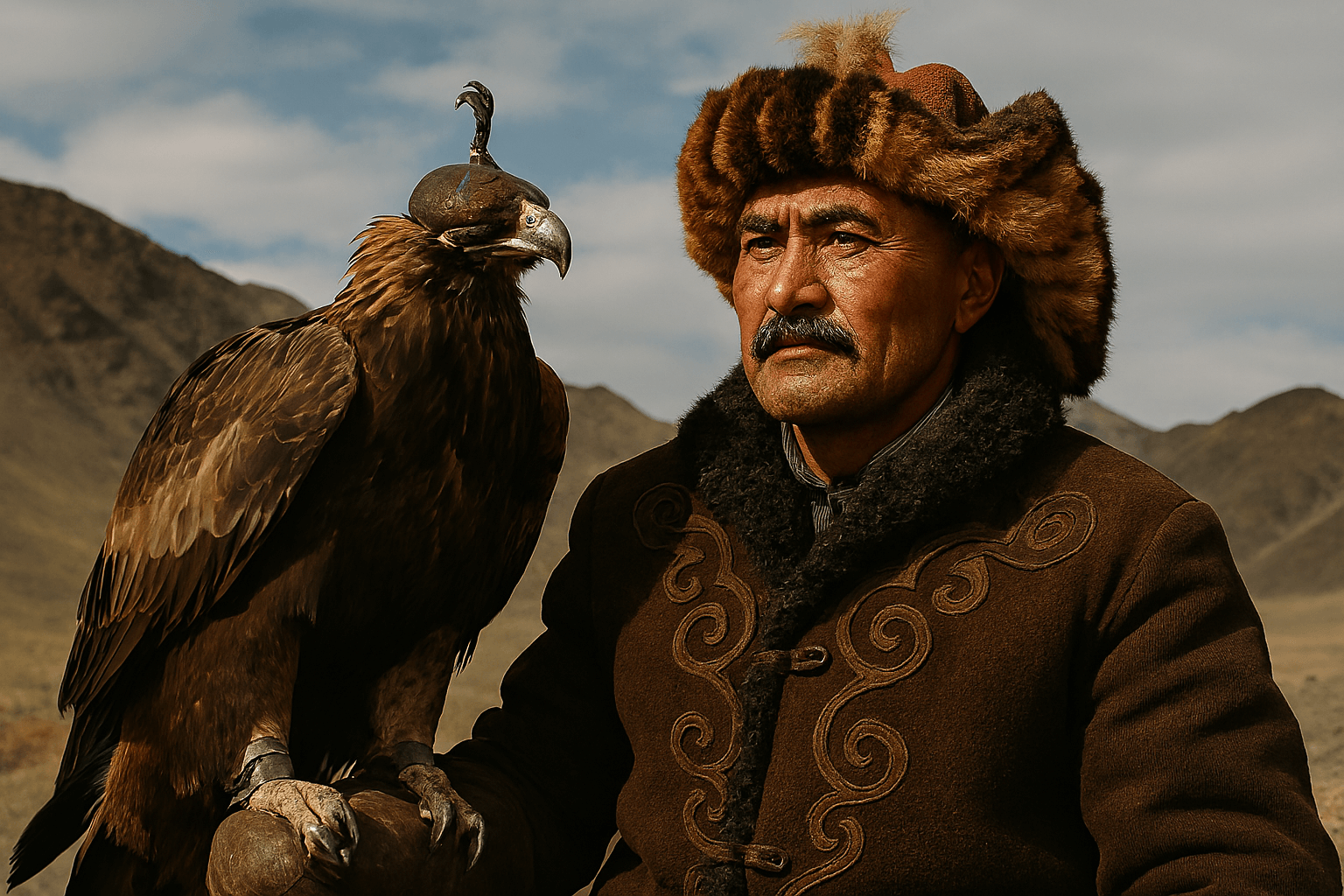 푸른 몽골 초원을 배경으로 늠름하게 팔에 몽골 매를 들어 올린 여행자. 몽골여행의 이색적인 체험을 보여준다.