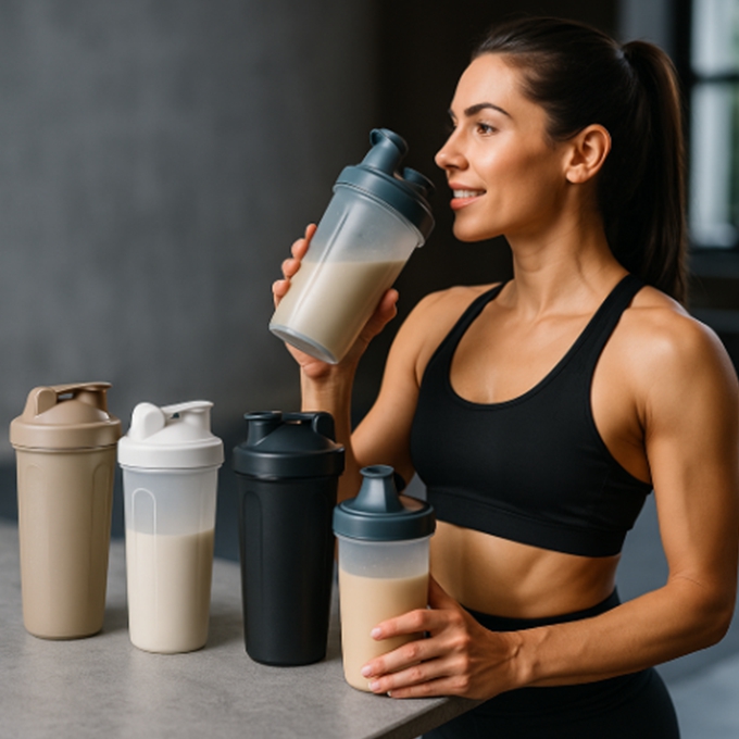 다양한 단백질 쉐이크 병과 운동복 입은 사람