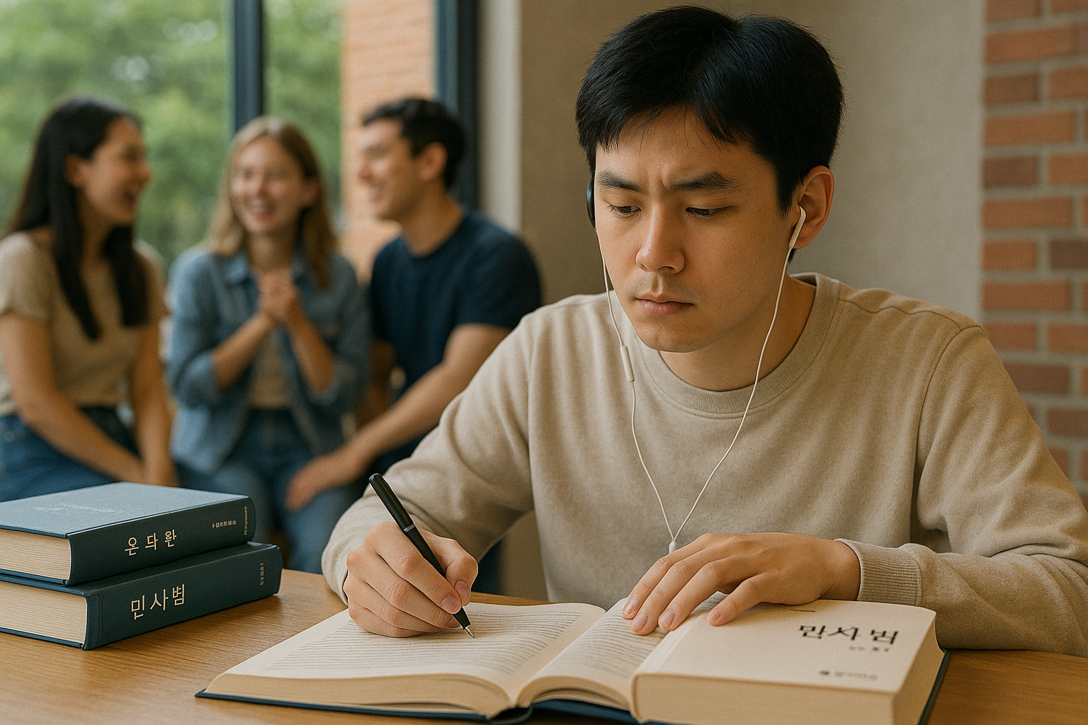 공부에 집중하기 위해 친구들 대화에 끼지 않고 몰입하는 모습