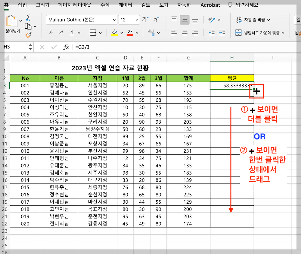 빈 셀에 average 함수 적용하여 채우기