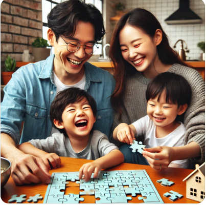 퍼즐놀이하며 즐거워하는 가족이미지입니다