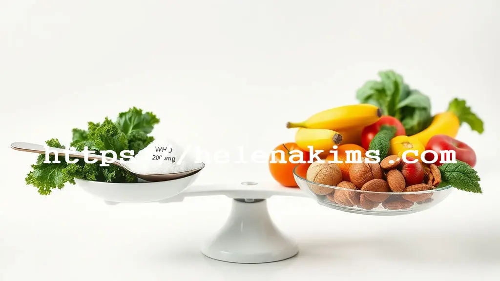 저울 위에 한쪽은 소금이 있고, 한쪽은 싱싱한 과일과 채소가 있는 모습.