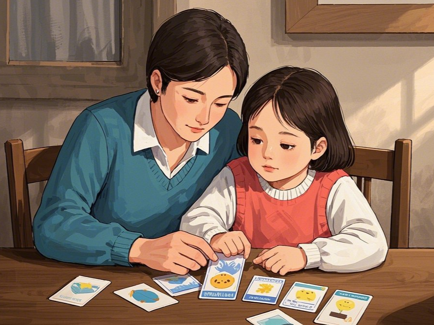부모와 함께 마음카드로 감정을 고르는 놀이 장면
