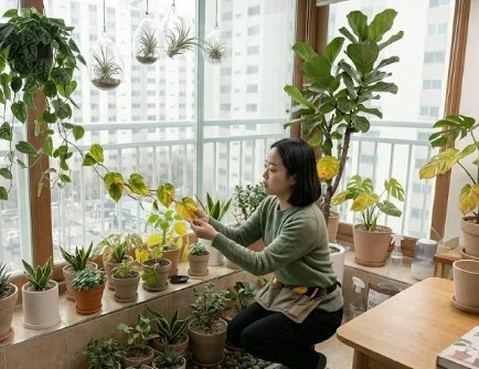 잎이 노랗게 변한 식물 화분을 점검하며 원인을 확인하는 모습