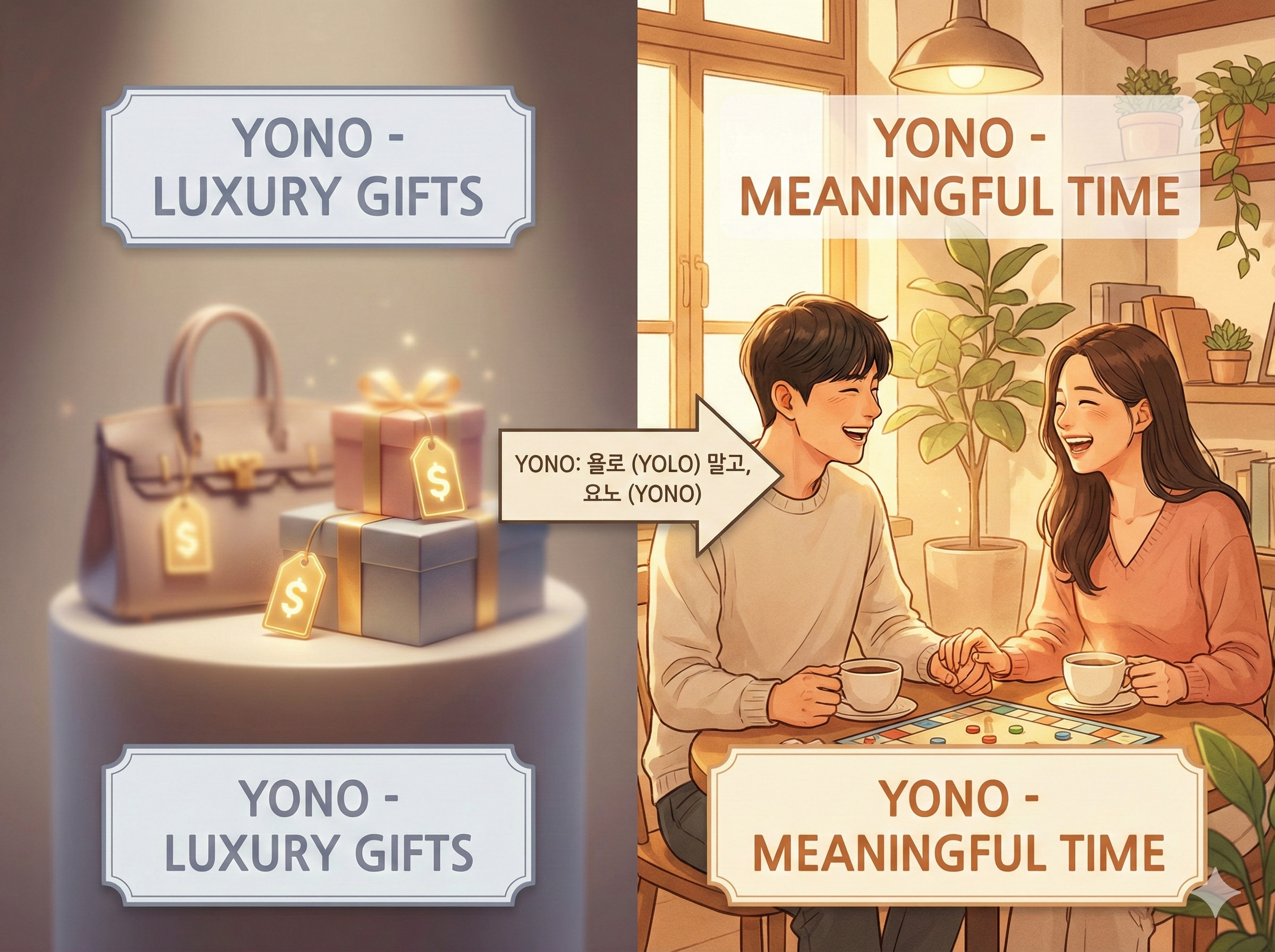 2026년 요노 소비 트렌드와 가치 있는 데이트 비교 일러스트