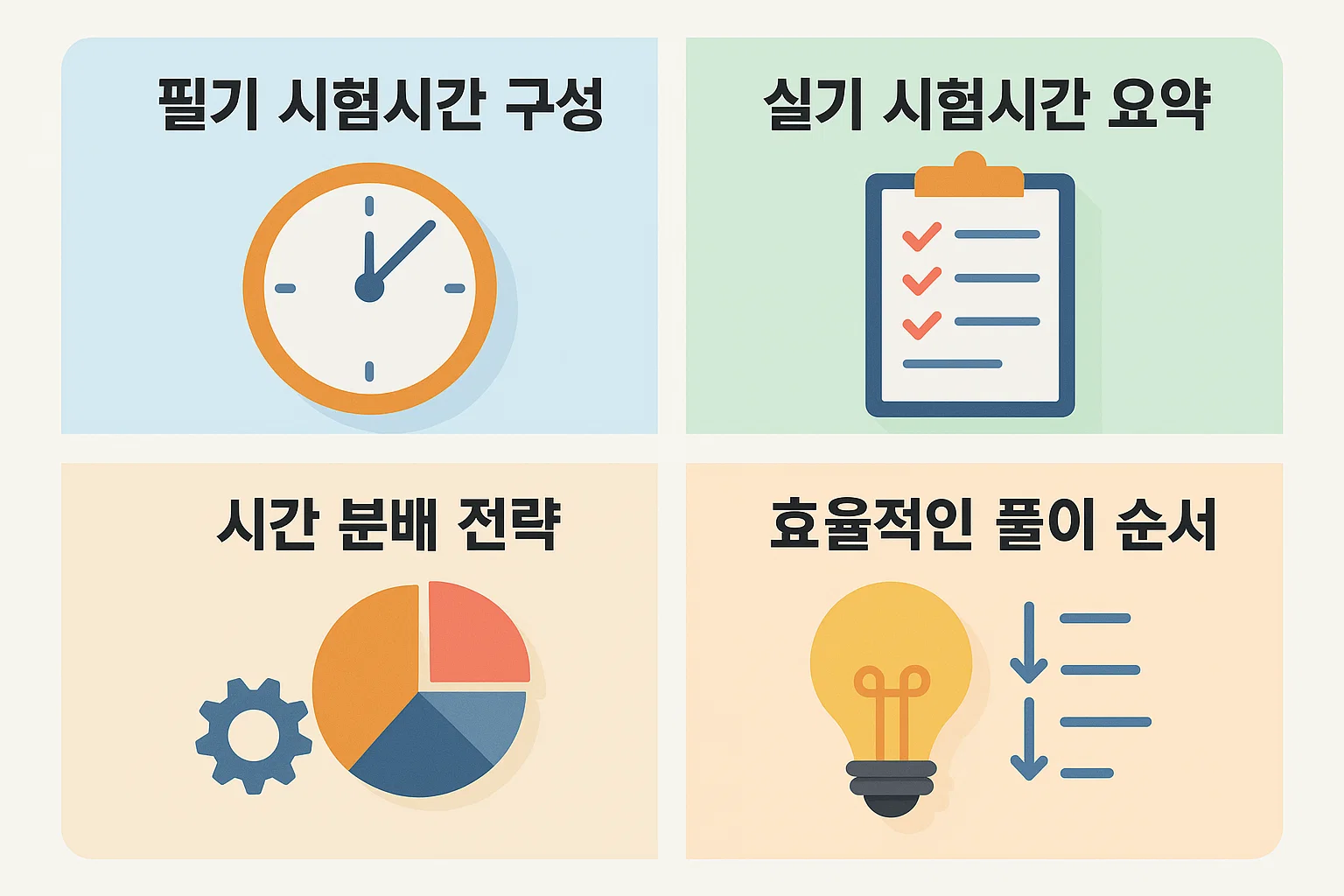 필기와 실기 시험시간 구성을 비교하고, 시간 분배 전략과 효율적인 풀이 순서를 안내하는 인포그래픽