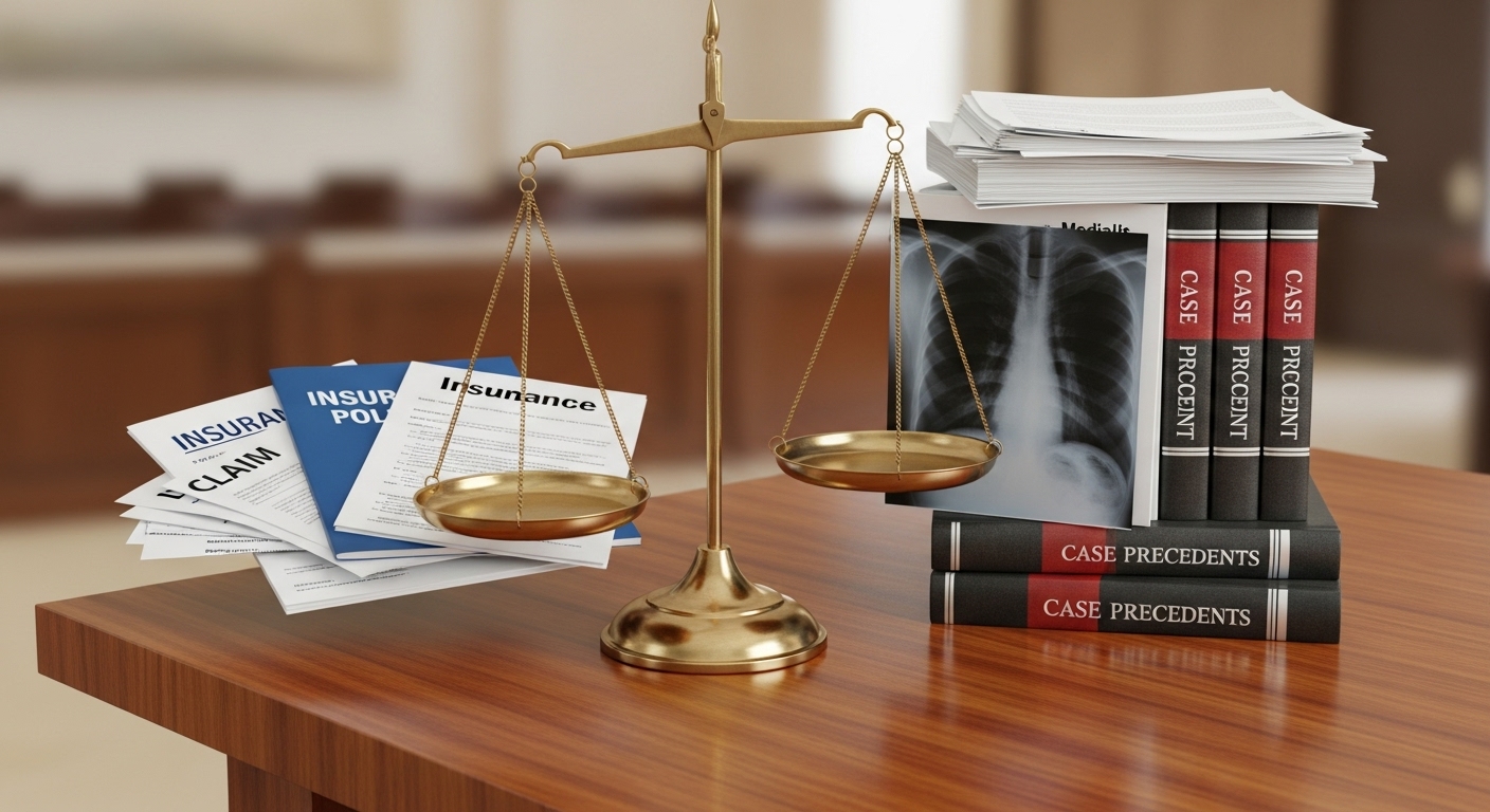 보험금 분쟁에서 법률적 균형을 상징하는 저울과 서류