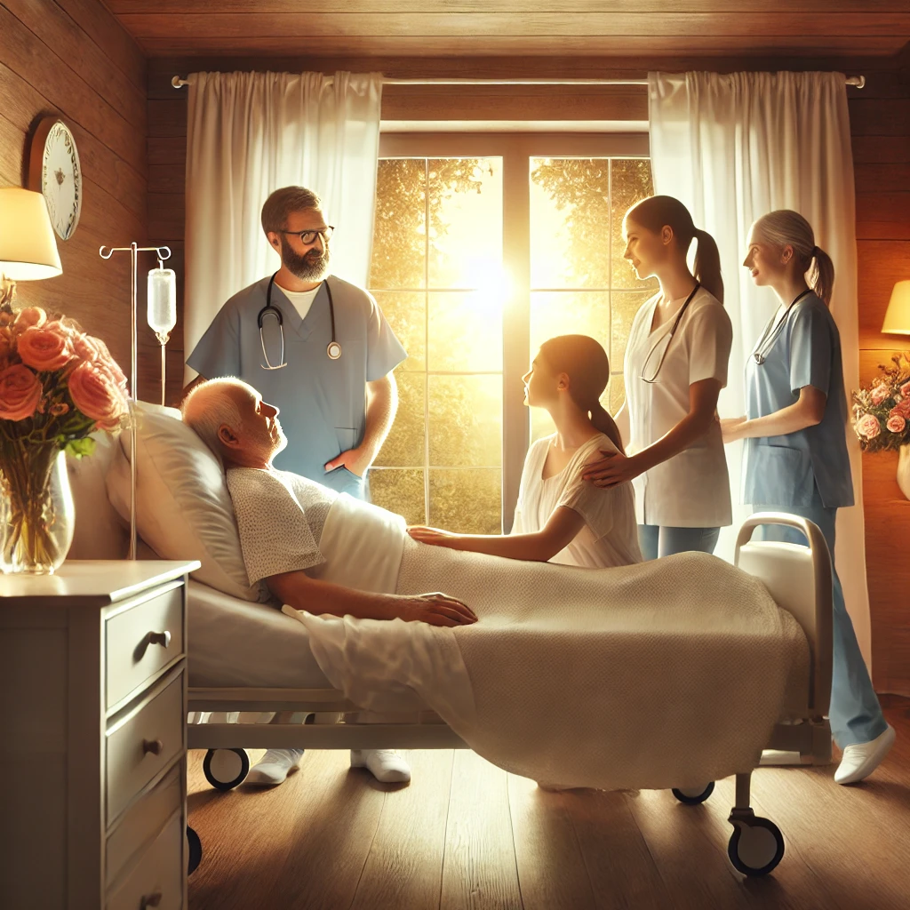 호스피스병실에서 환자, 보호자, 의료진이 함께 대화를 나누고 있다