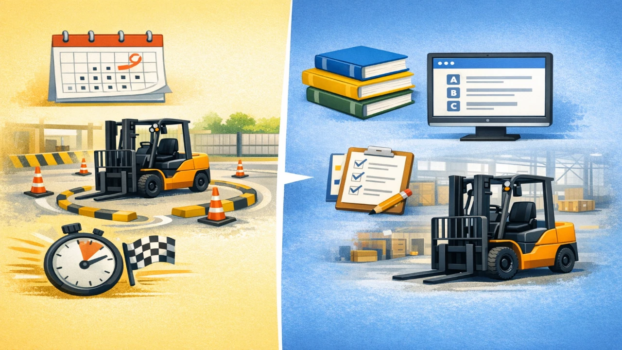 지게차운전기능사 실기 단기반과 종합반 선택 기준을 비교하는 이미지