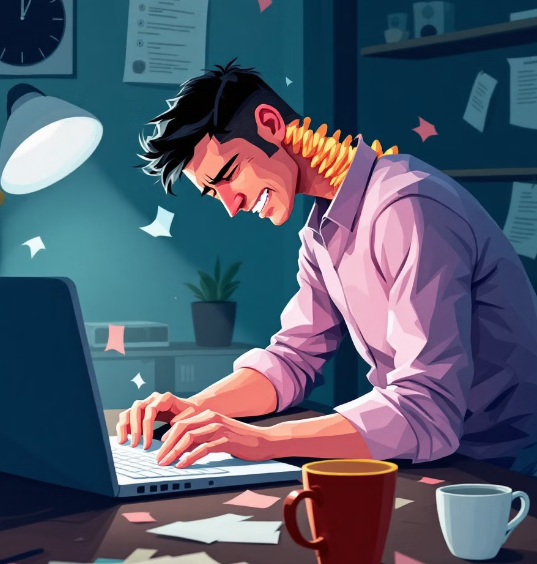 나쁜 자세로 일을 해서 척추가 아픈 남자