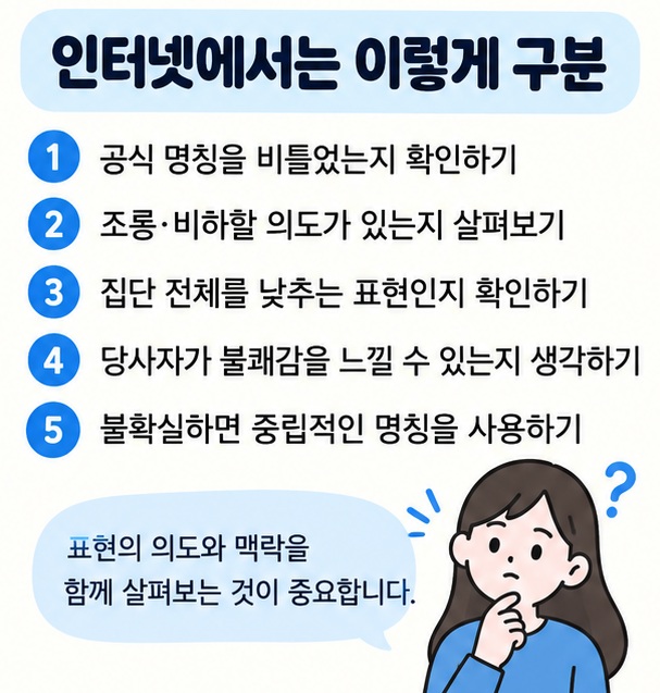 공식 명칭 변형 조롱 의도 집단 비하 당사자 반응 중립적 표현 사용 등 인터넷 멸칭 구분 기준을 보여주는 이미지
