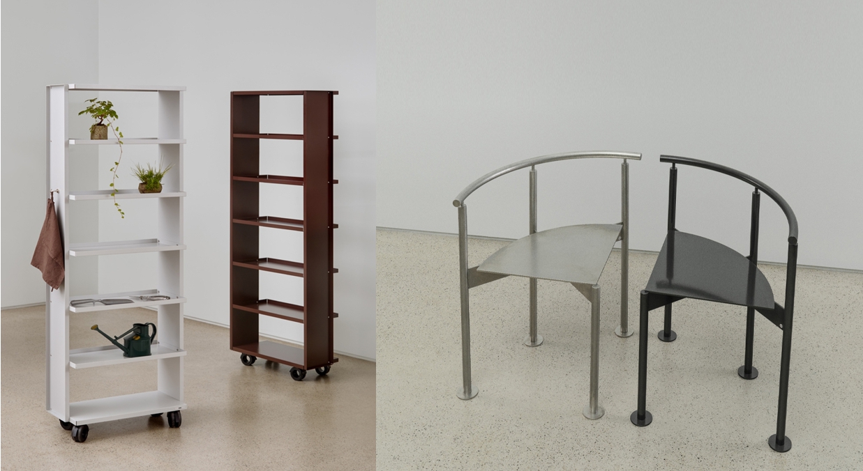 이동식 금속 책장과 구조미를 살린 아치형 금속 의자, 모던 인더스트리얼 디자인 가구