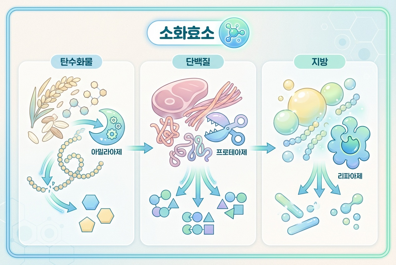 아밀라아제&middot;프로테아제&middot;리파아제가 영양소를 분해하는 과정을 단계별로 보여주는 소화효소 인포그래픽 이미지