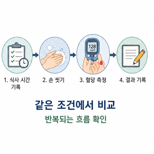 식사 시간을 기록하고 손을 씻은 뒤 혈당을 측정해 반복되는 변화를 비교하는 과정을 보여주는 그림