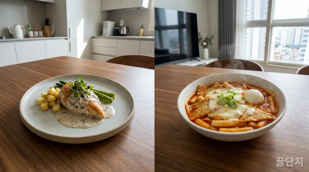 작은 주방에서 프리미엄 라면에 파와 계란을 추가하며 만족스럽게 웃는 20대 한국 남성