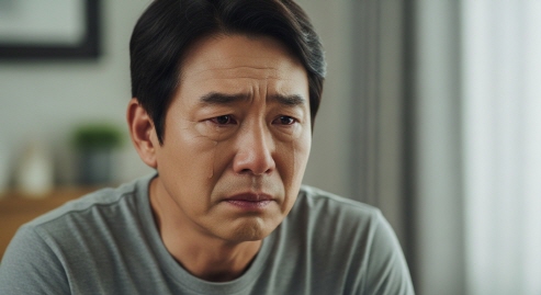 중년 남성이 드라마를 보며 눈물을 흘리는 모습