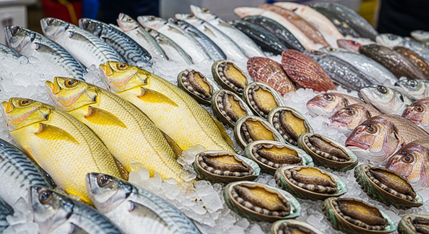 시장 매대에 얼음 위에 신선하고 먹음직스럽게 진열된 조기, 전복, 다양한 생선들.