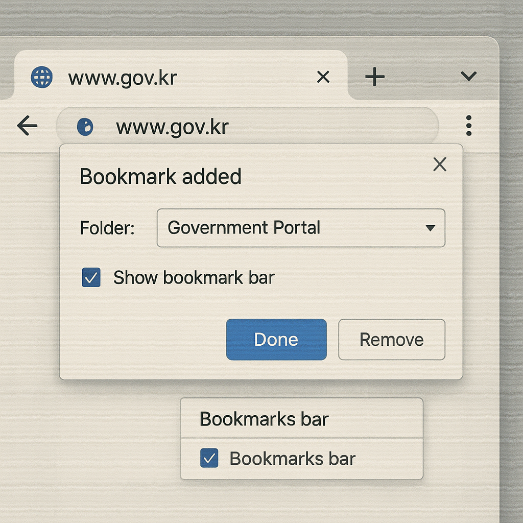 정부 민원 포털 즐겨찾기 등록 화면, 주소창에 북마크 추가하는 장면
즐겨찾기 등록, URL 추가, 브라우저 UI