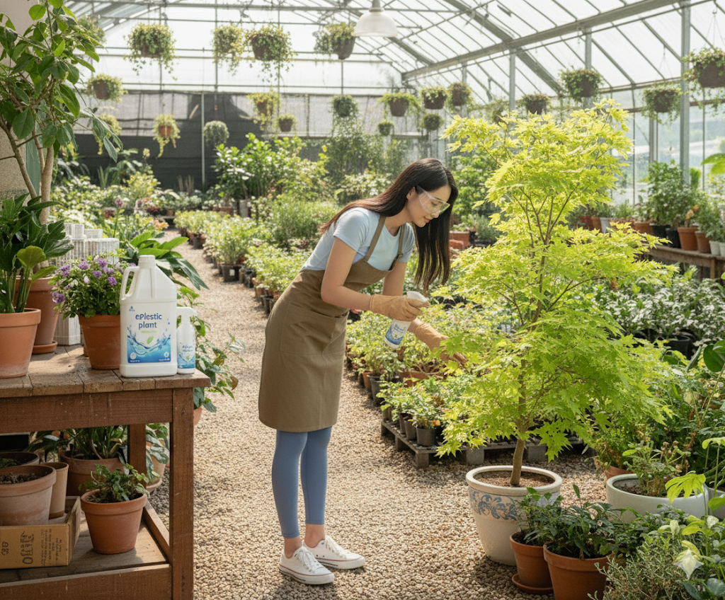 전문 온실에서 삼양플라스틱의 m4000 대용량 원예 용기와 sp500 소분 용기를 사용하는 전문가. 농약 비료 용기로 적합한 내구성