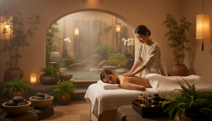 럭셔리 온천 리조트 스파에서 아로마 오일 마사지를 받으며 몸과 마음의 피로를 푸는 모습. 최고급 웰니스 경험.