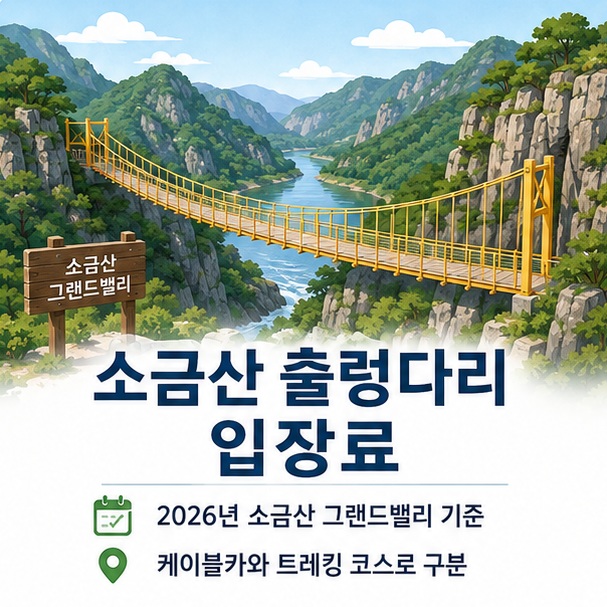 산과 계곡 위에 설치된 소금산 출렁다리를 통해 2026년에는 소금산 그랜드밸리 코스 이용권을 구입해 출렁다리를 관람하는 방식임을 보여 주는 그림