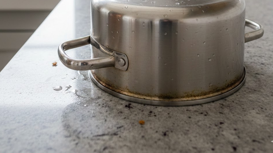 스테인레스 냄비에 얼룩이 가득한 모습