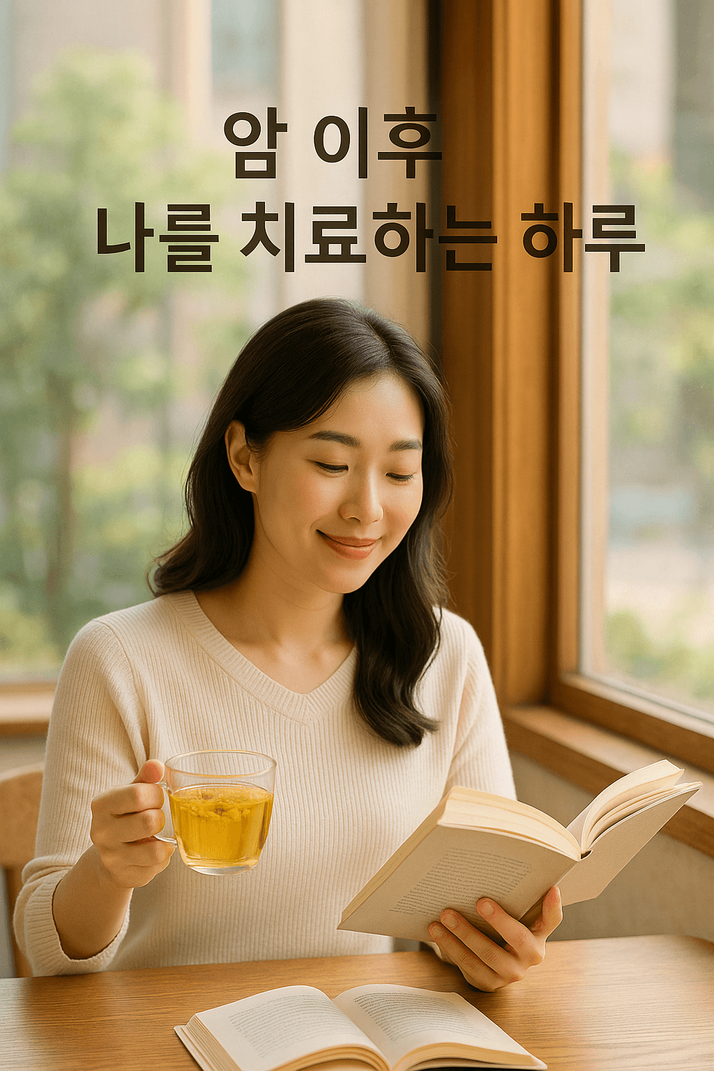 암 치료하면서 카페에 앉아 책을 보며 카모마일차를 마시고 있는 여인