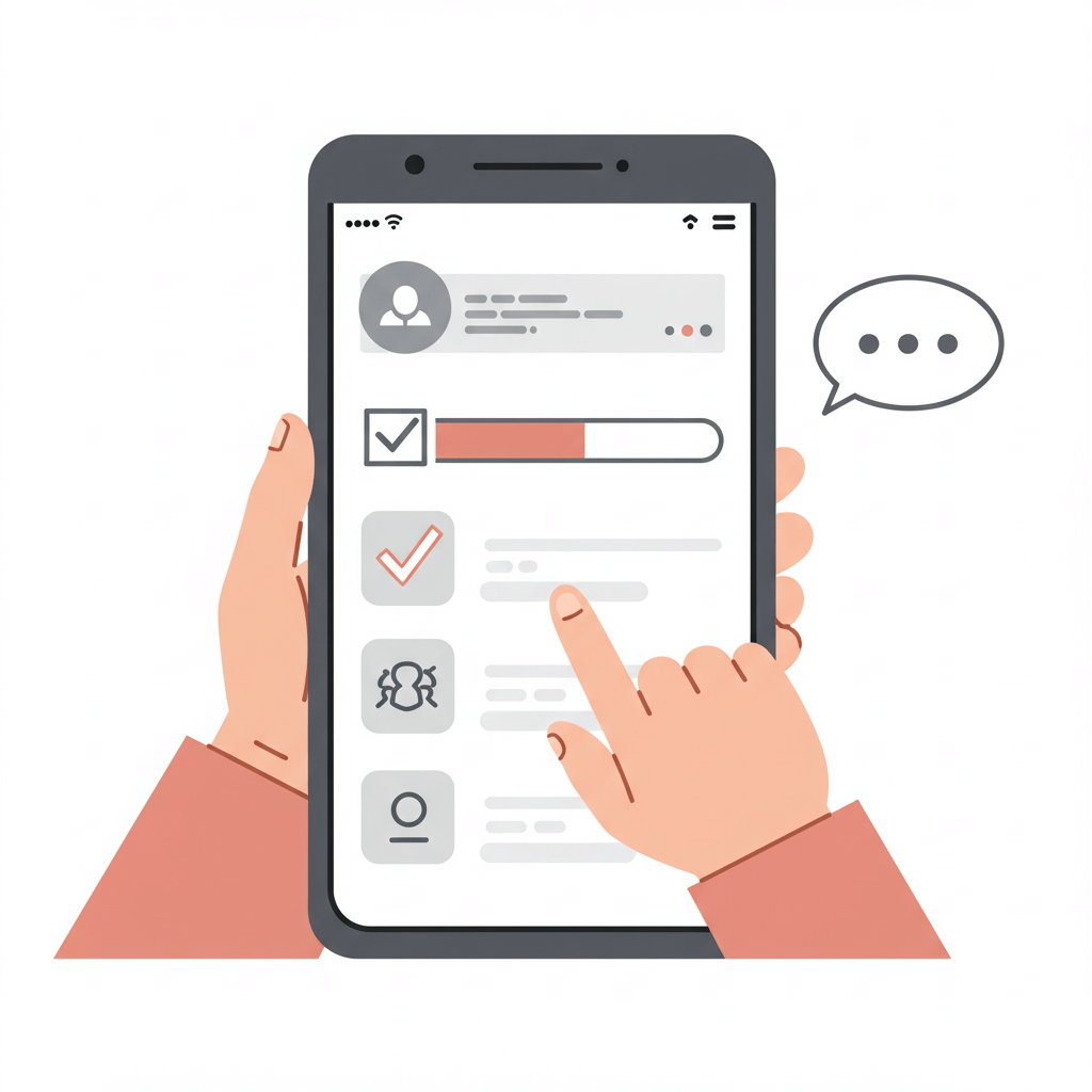 스마트폰 화면에 진행 바와 체크 표시를 보며 신청 현황을 확인하는 부모의 손을 묘사