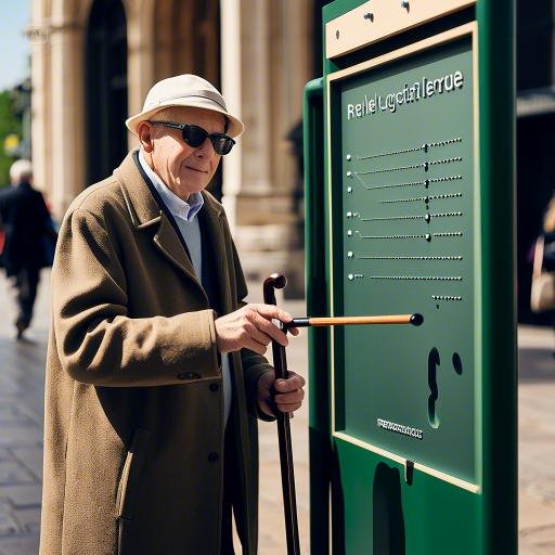 시각장애인 지팡이를 가지고 한 손에는 점자 안내판을 공공장소에서 접근하여 확인하는 이미지