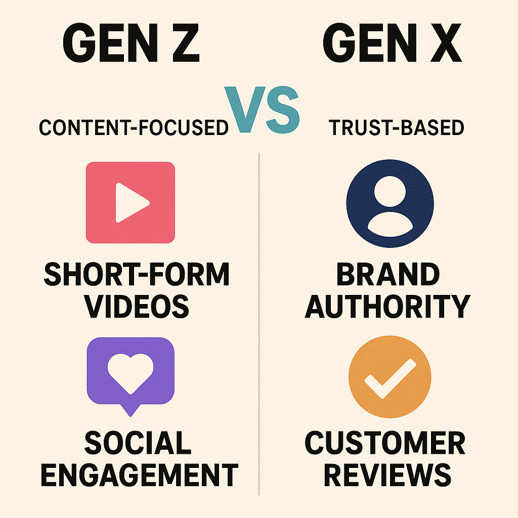 Z세대와 X세대 마케팅 전략 비교 인포그래픽
세대별 타깃 마케팅 인포그래픽, 콘텐츠 vs 신뢰 중심