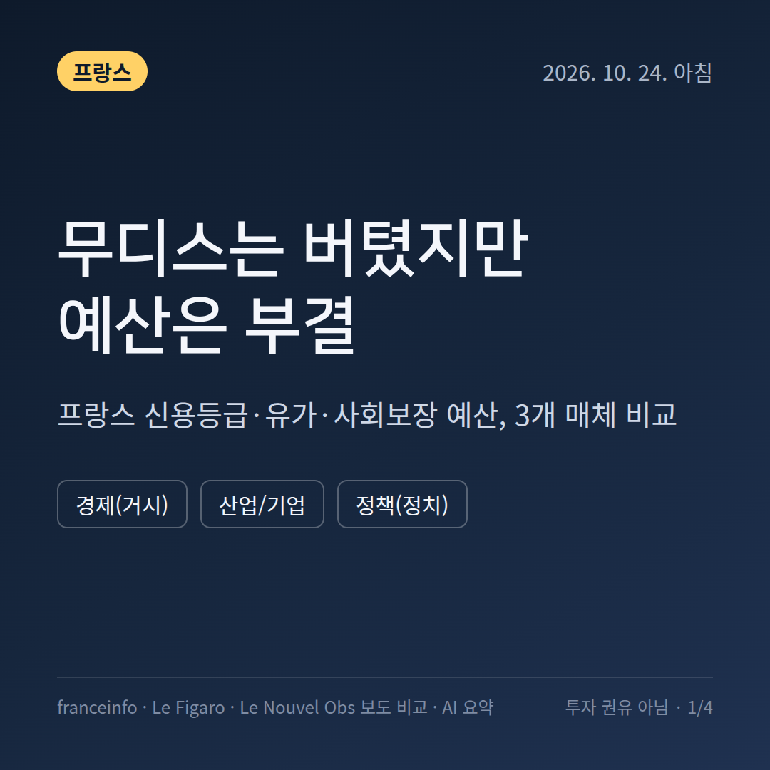 프랑스 무디스 등급 유지&middot;사회보장 예산 부결&middot;브렌트 115달러 - 10월 24일 franceinfo&middot;Le Figaro&middot;Le Nouvel Obs 보도 비교