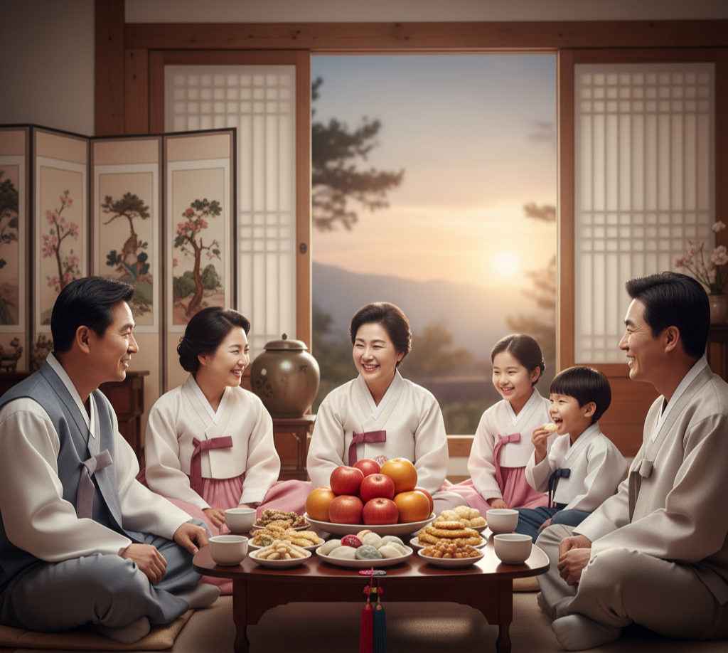 추석 차례상 앞에 한복을 입고 모여 웃는 대가족