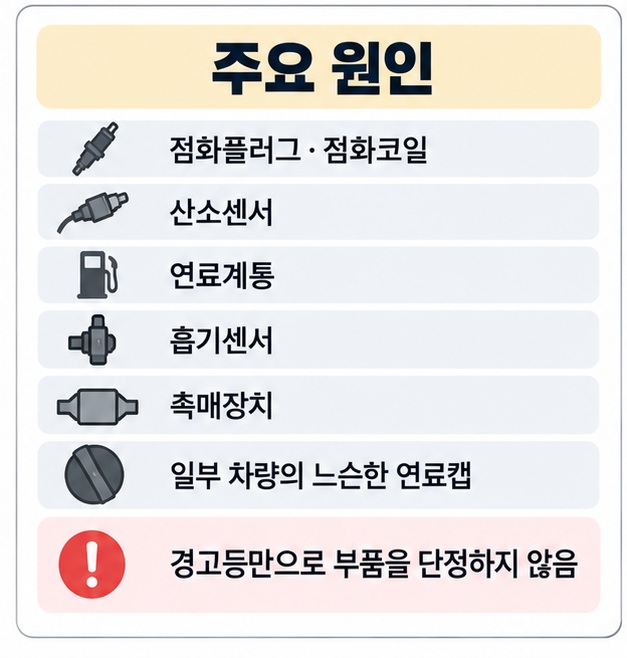 점화플러그 점화코일 산소센서 연료계통 흡기센서 촉매장치 연료캡 등 엔진 경고등 원인을 정리한 이미지