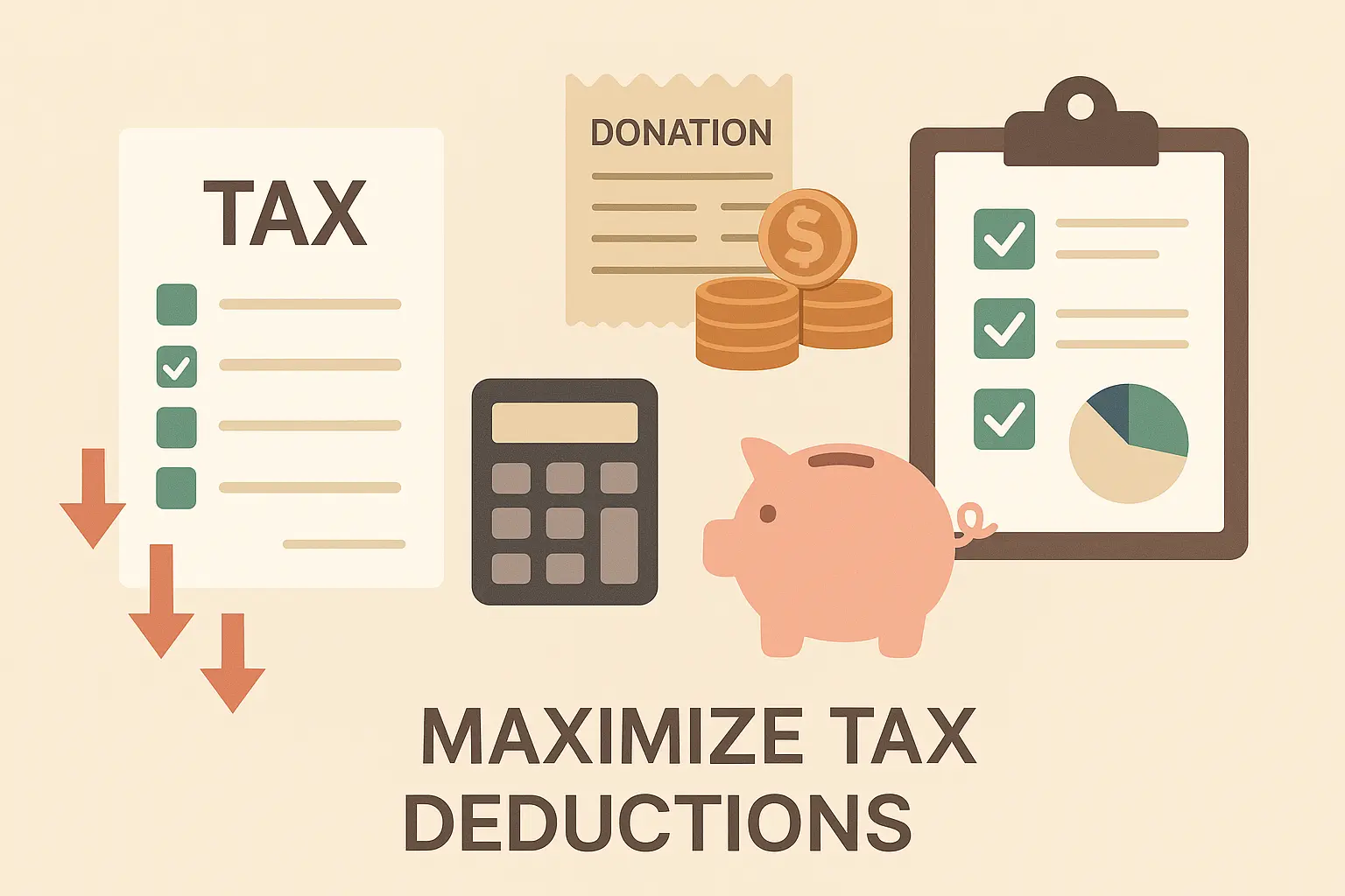 세금-체크리스트-문서에-필수-공제-항목이-체크되어-있고-옆에-계산기-기부-영수증-돼지저금통-차트-아이콘이-함께-배치되어-세금공제를-최대화하는-방법을-설명하는-인포그래픽