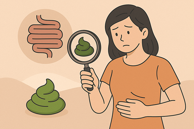 초록색변을 보고 여성이 걱정스러운 표정을 짓고 있습니다.