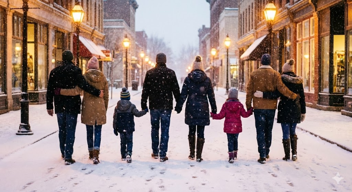 눈 내리는 거리, 주인공 가족과 연인들이 서로의 손을 잡고 걷는 뒷모습