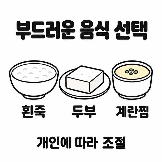 흰죽, 두부, 계란찜 그림과 개인에 따라 조절하라는 문구로 부드러운 음식 선택을 안내하는 그림