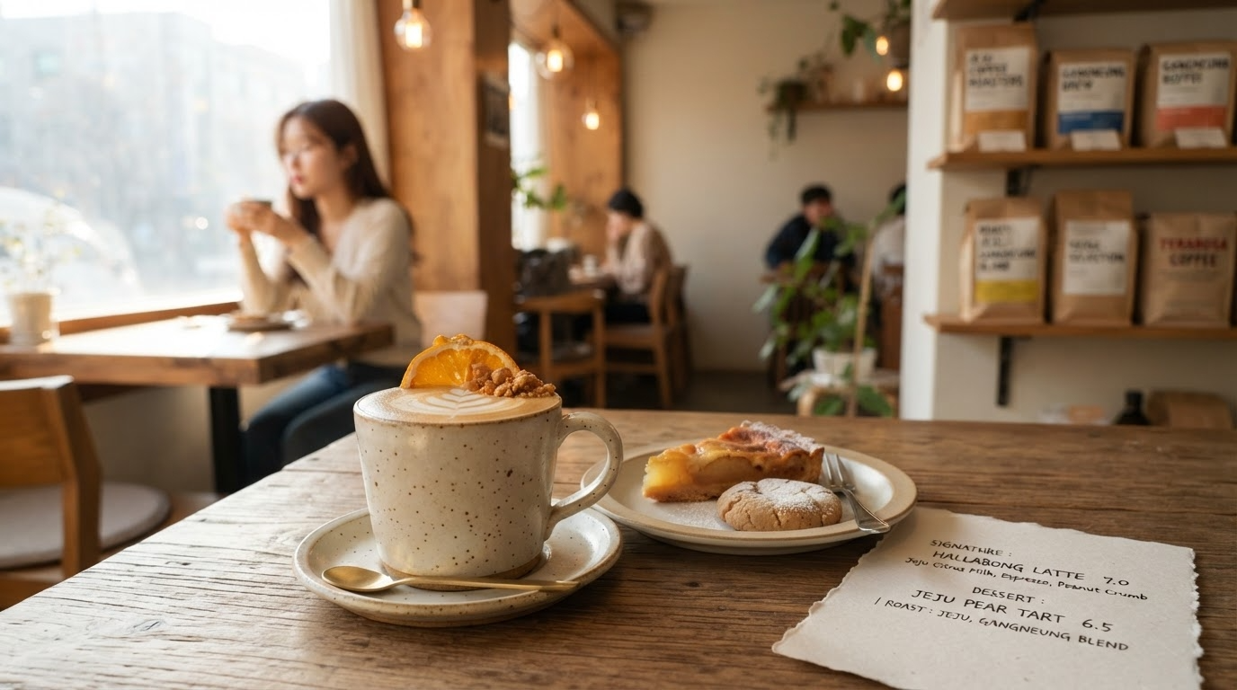 지역 특산물을 활용한 시그니처 커피 음료가 놓인 카페 테이블 전경