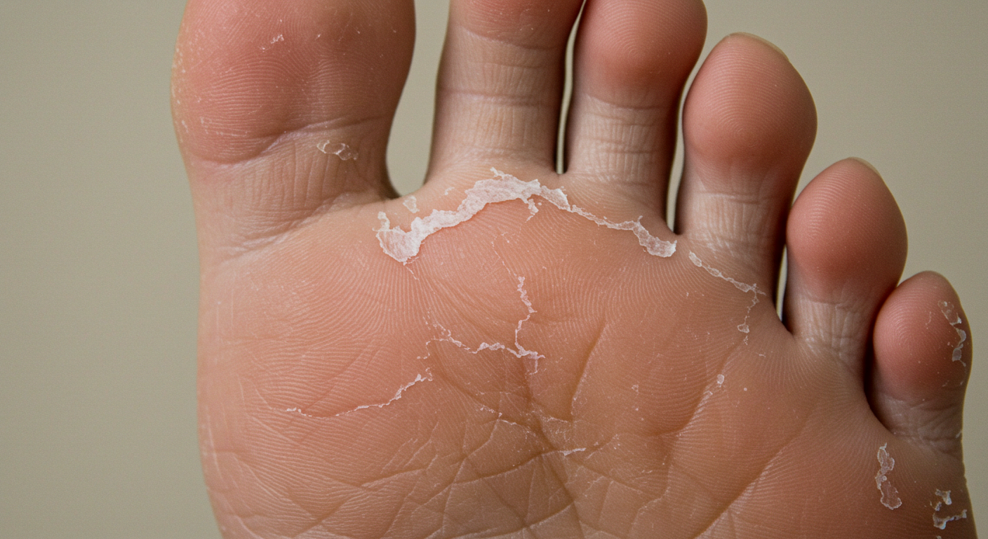 각질이 일어나며 껍질이 벗겨진 발바닥 모습