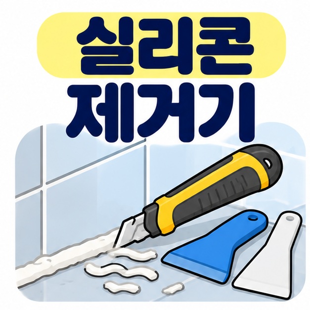 실리콘 제거기 문구와 커터형 제거기, 플라스틱 스크래퍼, 실리콘 줄눈을 보여주는 대표 카드